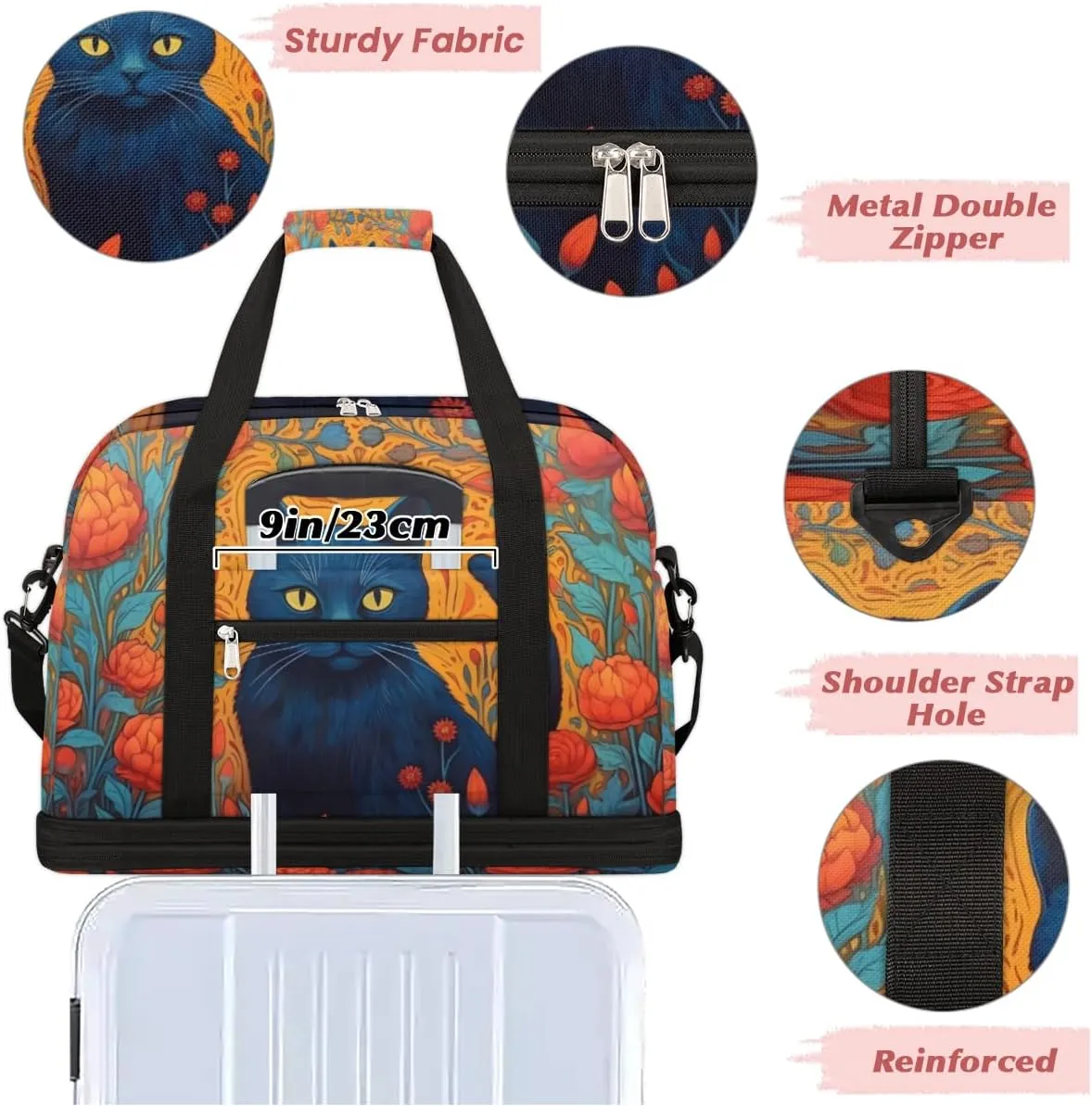 Cat Print Foldable Duffle Bag with Shoes Compartment Large Capacity Waterproof Travel Weekender Bag Overnight Bag for Sports Gym