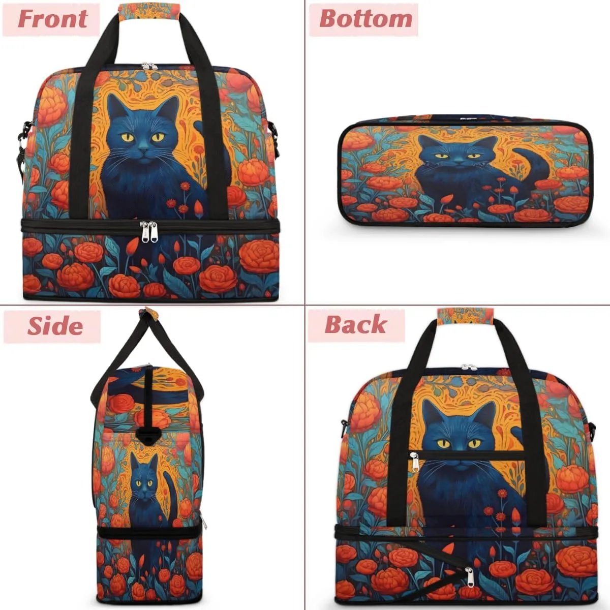 Cat Print Foldable Duffle Bag with Shoes Compartment Large Capacity Waterproof Travel Weekender Bag Overnight Bag for Sports Gym