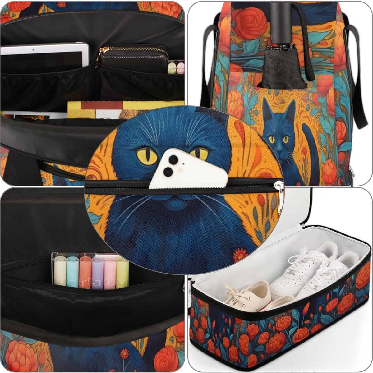Cat Print Foldable Duffle Bag with Shoes Compartment Large Capacity Waterproof Travel Weekender Bag Overnight Bag for Sports Gym