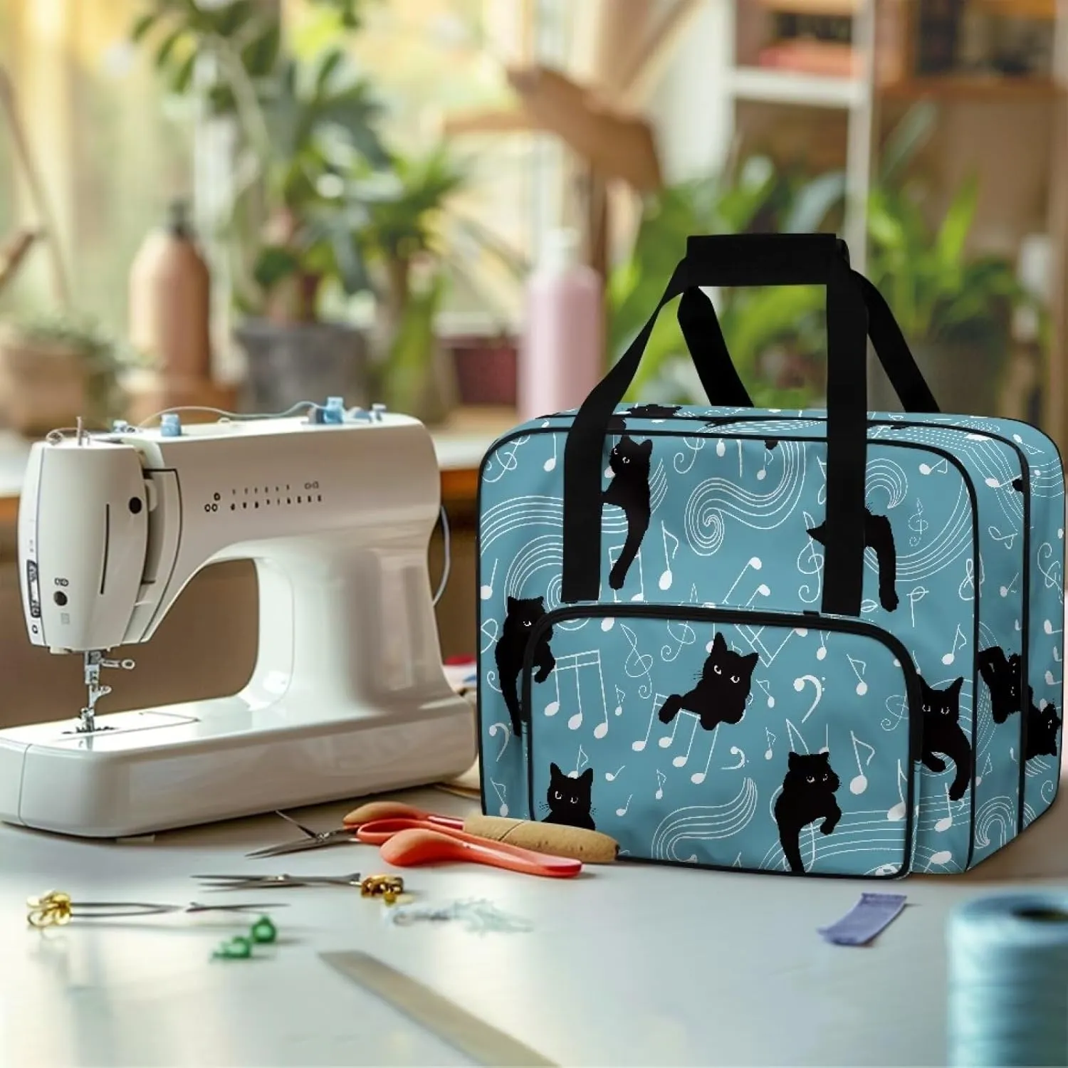 Cats Notes Sewing Bag Large Capacity Sewing Machine Tote Bag Universal Sewing Box Storage Bags for Most Singer, Brother Sewing Machines and Extra Sewing Accessories