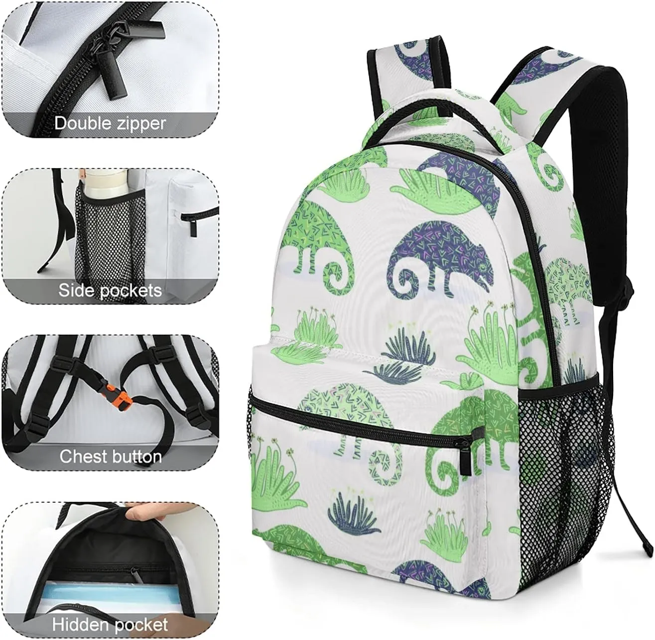 Chameleon Lizard and Succulent Plant Kids Backpack, Student School Bags for Boys & Girls, Bookbags with Adjustable Strapfor Travel