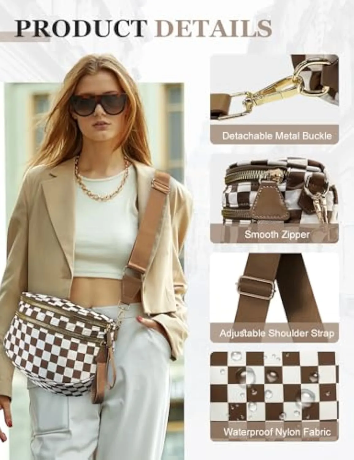 Checkered Bum Bag Crossbody, Black and White Checkered Crossbody Bag, Fanny Pack for Women with Adjustable Strap (C)