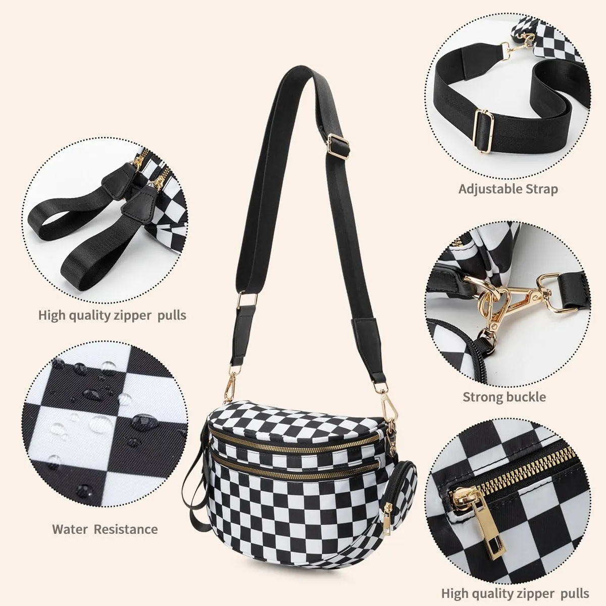 Checkered Bum Bag Crossbody, Black and White Checkered Crossbody Bag, Fanny Pack for Women with Adjustable Strap (C)