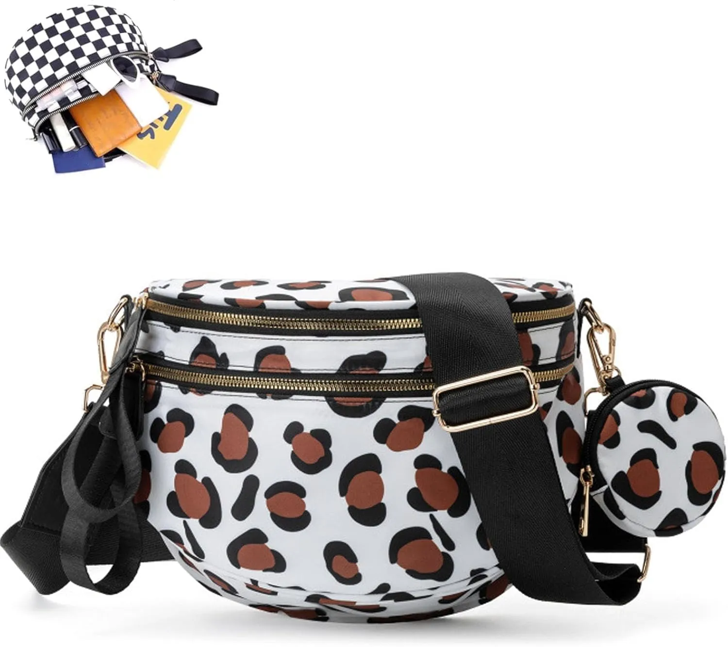 Checkered Bum Bag Crossbody, Black and White Checkered Crossbody Bag, Fanny Pack for Women with Adjustable Strap (C)