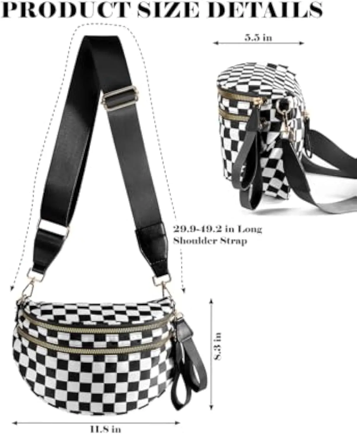 Checkered Bum Bag Crossbody, Black and White Checkered Crossbody Bag, Fanny Pack for Women with Adjustable Strap (C)