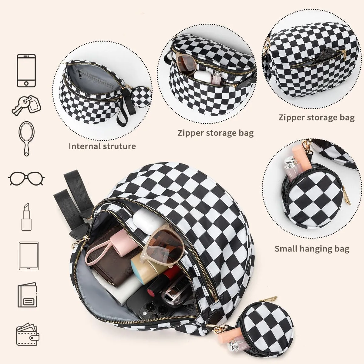 Checkered Bum Bag Crossbody, Black and White Checkered Crossbody Bag, Fanny Pack for Women with Adjustable Strap (C)