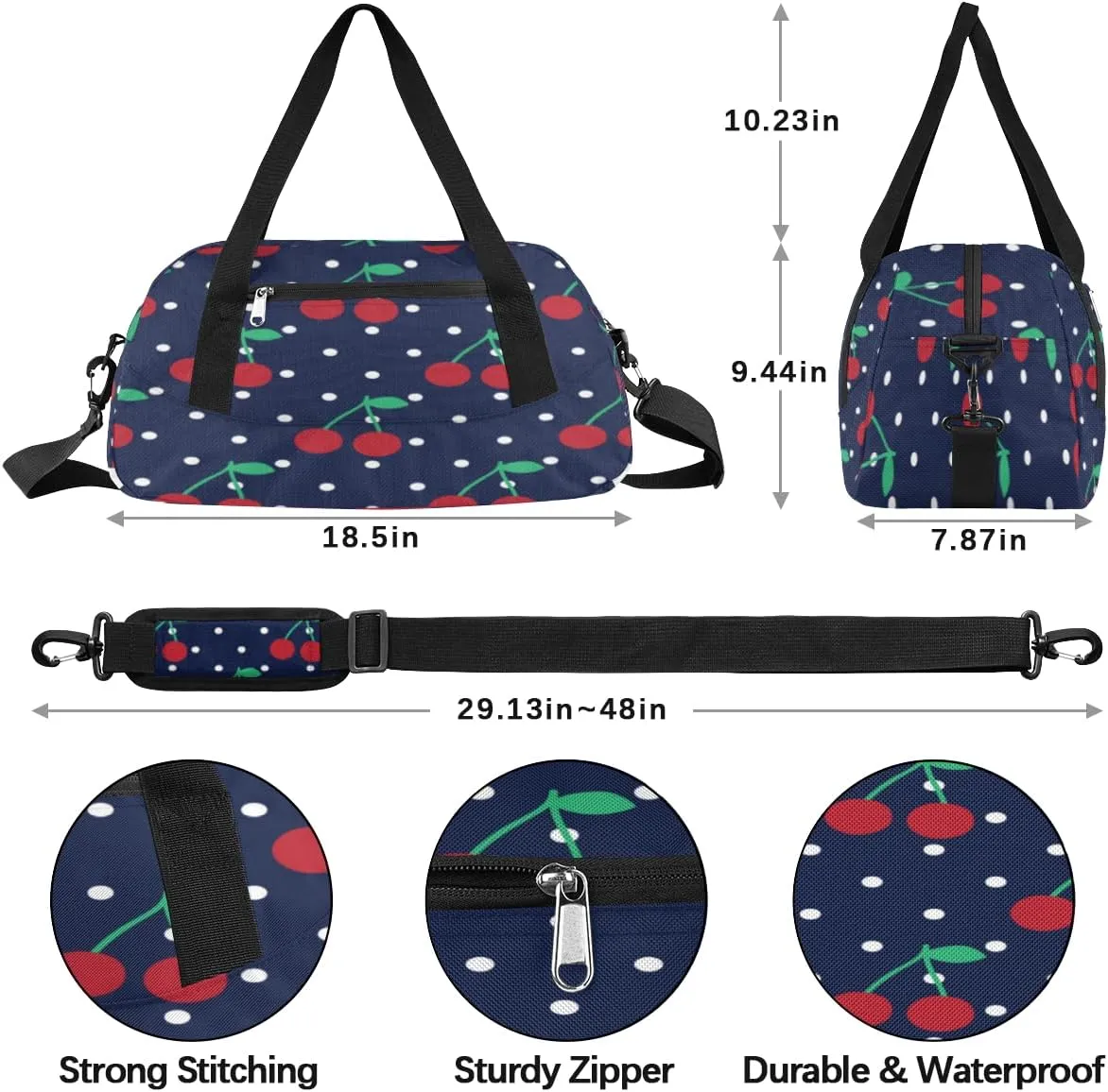 Cherry Dots Pattern Gym Bag, Duffle Bag, Weekender Bag, Duffel Bag, Overnight Bag, Travel Duffel Bag, Dance Bag, Tote Bag, Beach Bag, Pool Bag, Gym Duffle Bag, Carry on Bag