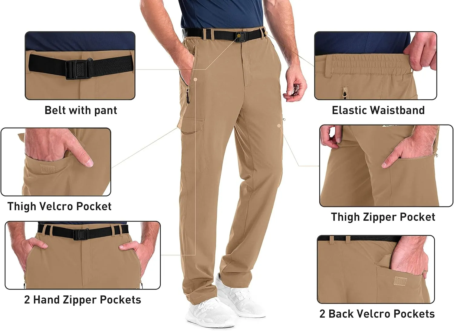 clothin Men's Elastic-Waist Travel Pant Stretchy Lightweight Pant Multi-Pockets Quick Dry Breathable