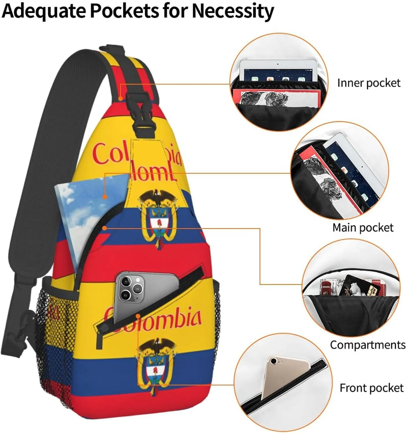 Colombia Coat of Arms Flag Colombian Flags Crossbody Bag Cross Chest Bag Adjustable Sling Backpack Sports Gym Shoulder Bags Travel Cycling Daypack Diagonally Casual Rucksack