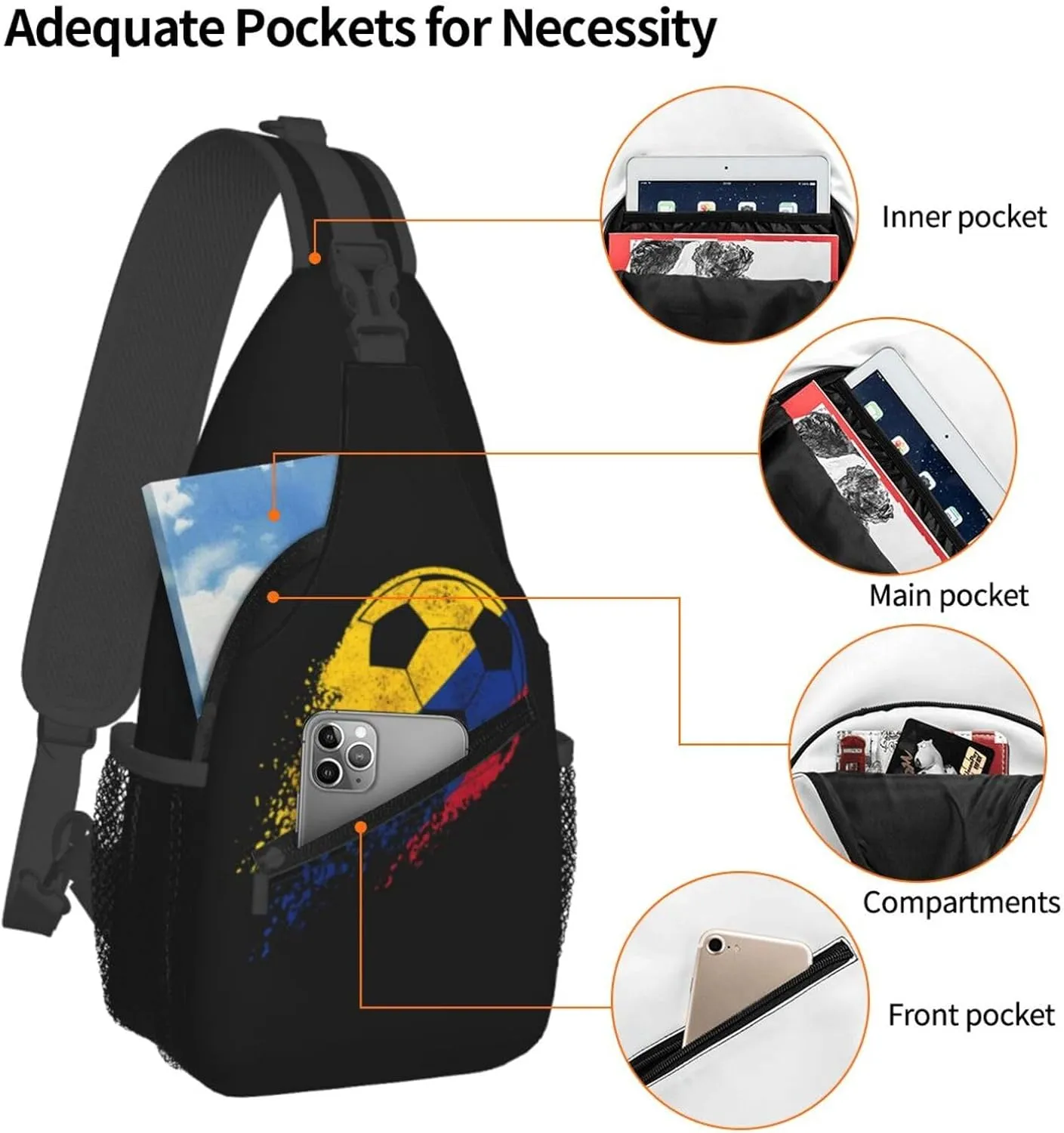 Colombia Soccer Colombian Flag Pride Soccer Player Crossbody Bag Cross Chest Bag Adjustable Sling Backpack Sports Gym Shoulder Bags Travel Cycling Daypack Diagonally Casual Rucksack