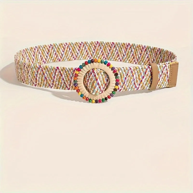 Colorful Boho Straw Waistband with Wooden Buckle