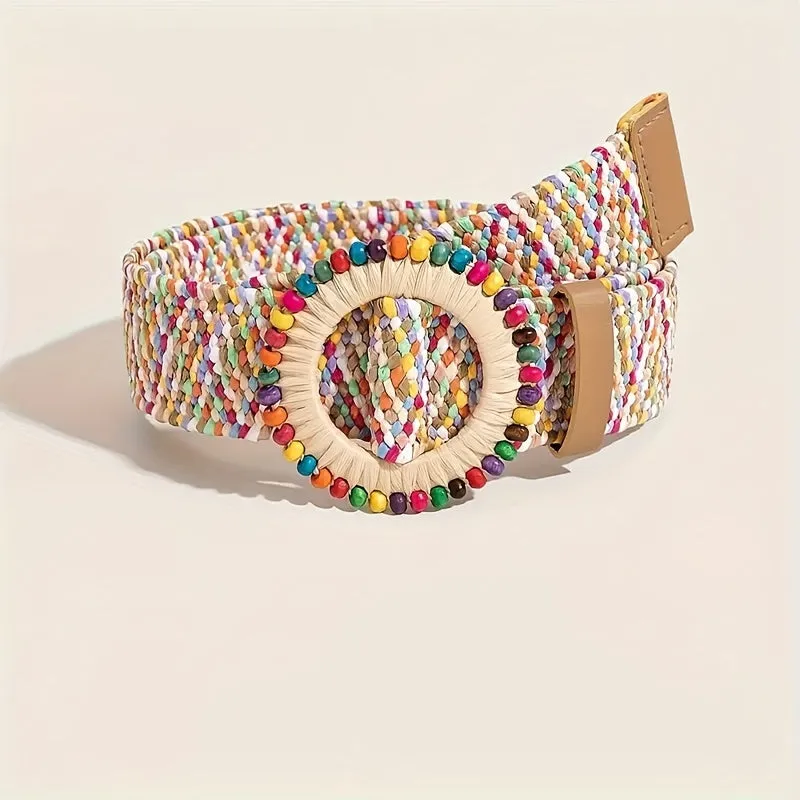 Colorful Boho Straw Waistband with Wooden Buckle