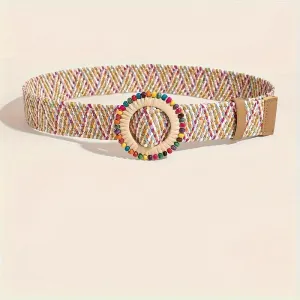 Colorful Boho Straw Waistband with Wooden Buckle