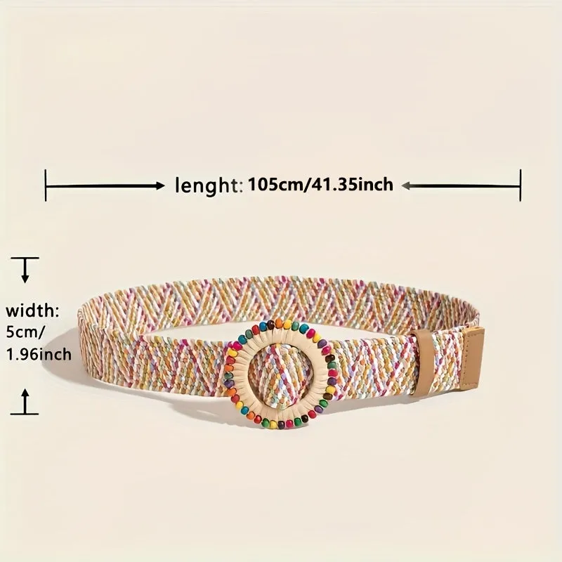 Colorful Boho Straw Waistband with Wooden Buckle