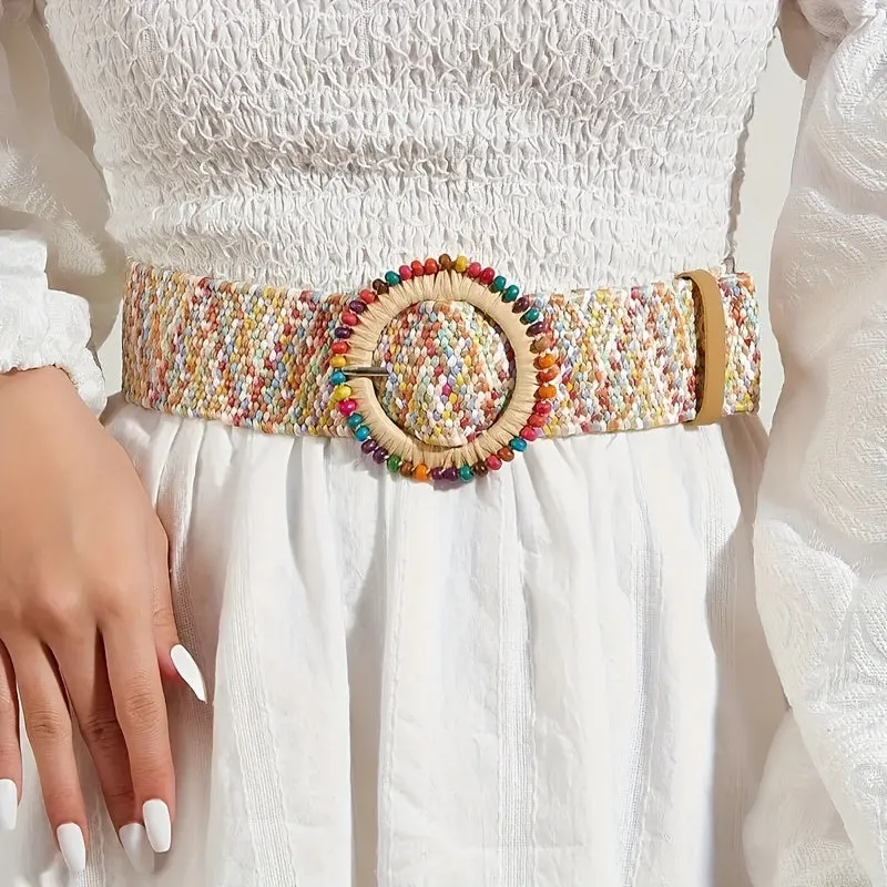 Colorful Boho Straw Waistband with Wooden Buckle