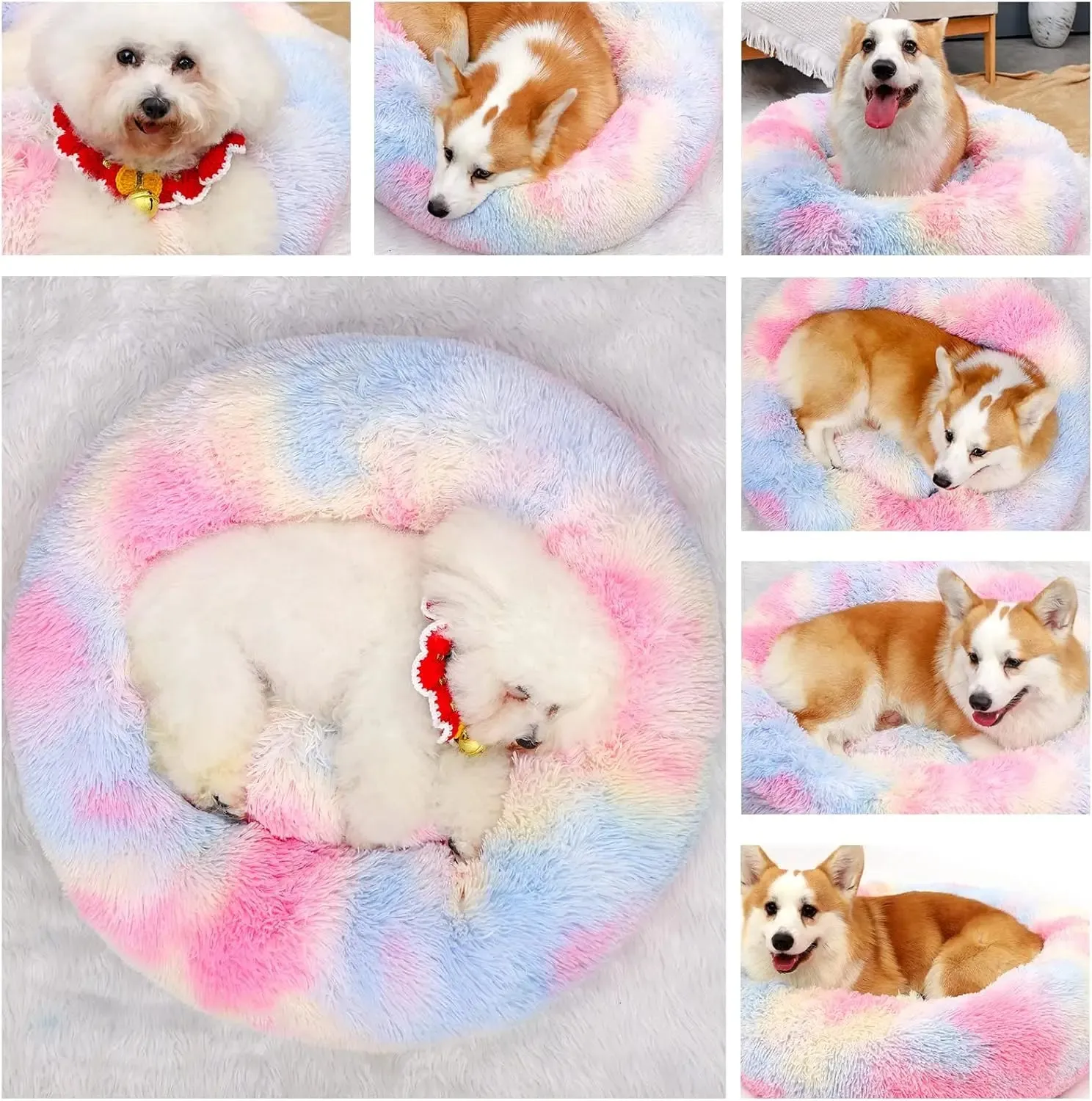 Colourful Dog Bed - Fluffy Anti-Anxiety Plush Bed for Cats, Rabbits and All Pets
