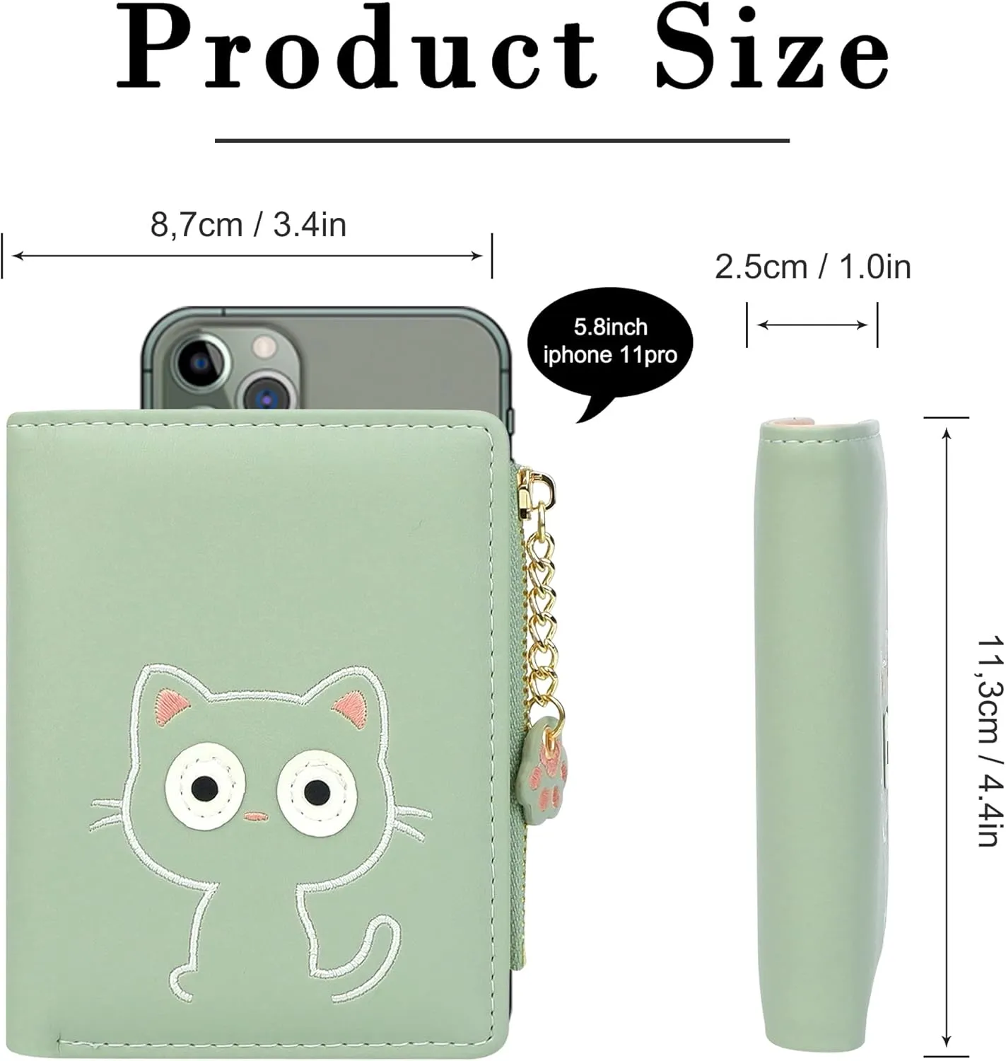 CONISY Cute Wallets for Women, Leather RFID Blocking Small Bifold Wallet with Zipper Coin Purse for Girls and Ladies Womens Wallet (Cat Green)