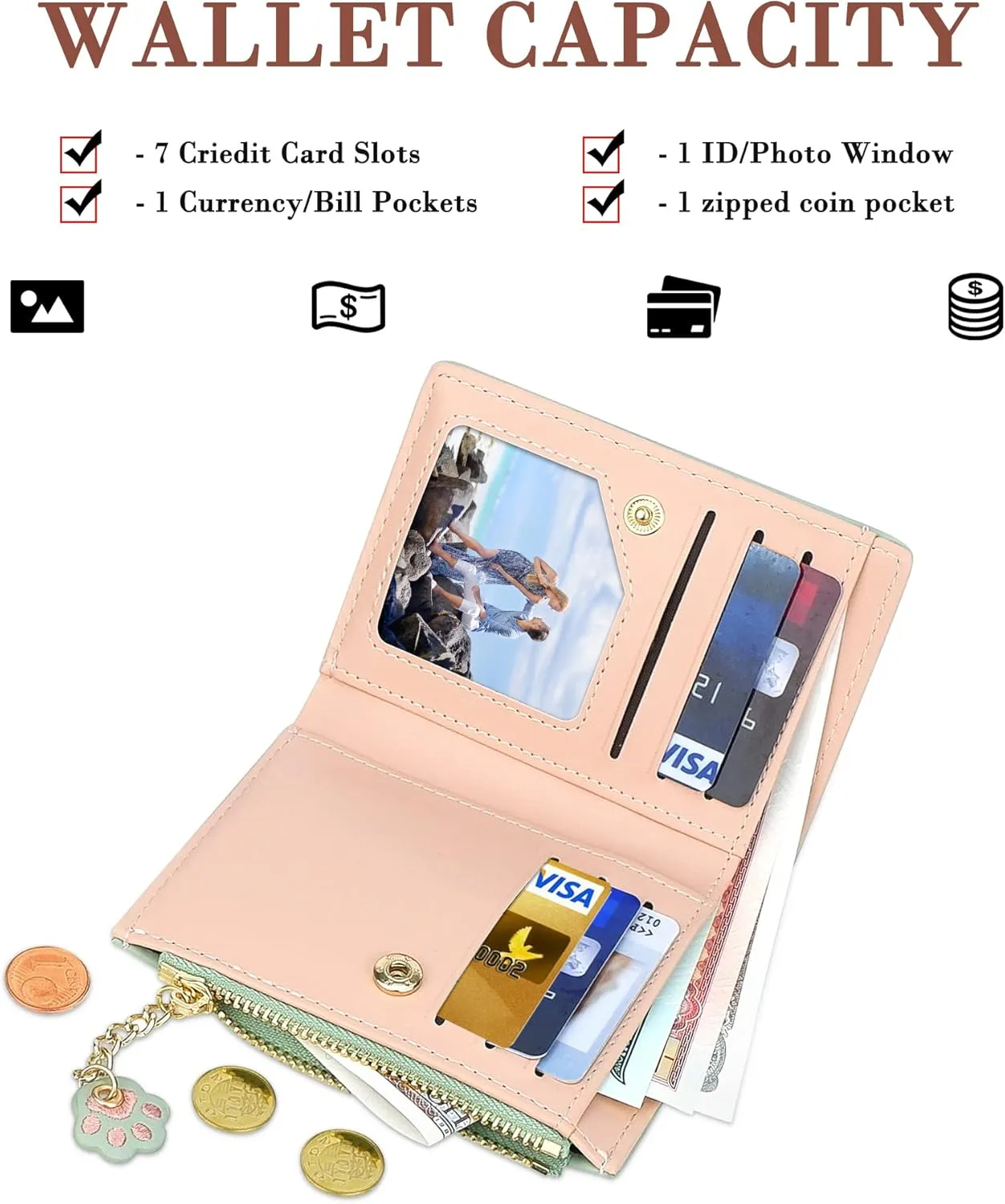 CONISY Cute Wallets for Women, Leather RFID Blocking Small Bifold Wallet with Zipper Coin Purse for Girls and Ladies Womens Wallet (Cat Green)