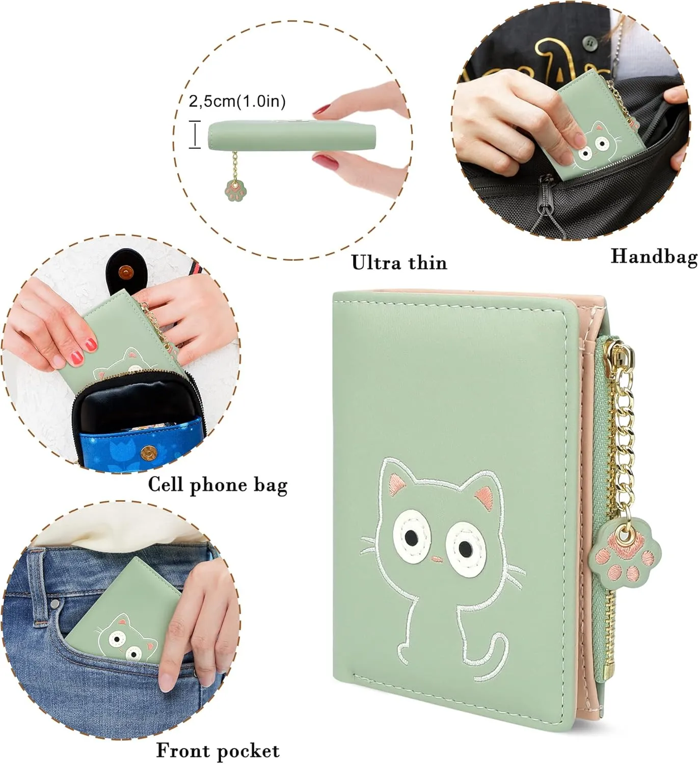 CONISY Cute Wallets for Women, Leather RFID Blocking Small Bifold Wallet with Zipper Coin Purse for Girls and Ladies Womens Wallet (Cat Green)