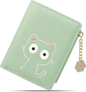 CONISY Cute Wallets for Women, Leather RFID Blocking Small Bifold Wallet with Zipper Coin Purse for Girls and Ladies Womens Wallet (Cat Green)