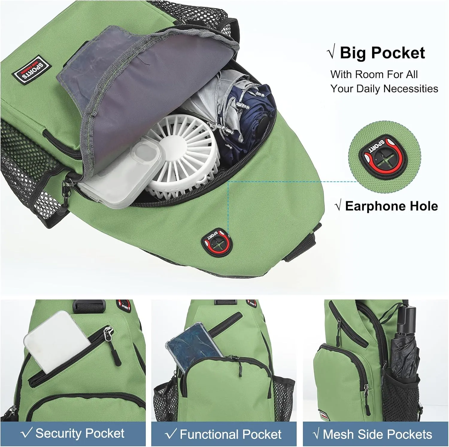 Convertible Sling Bag Crossbody Backpack - 8.5"x15" (LXH) Good for Women Men Hiking Travel Cycling - Multifunctional Shoulder Bag Casual Packs with Headphone Jack - Green