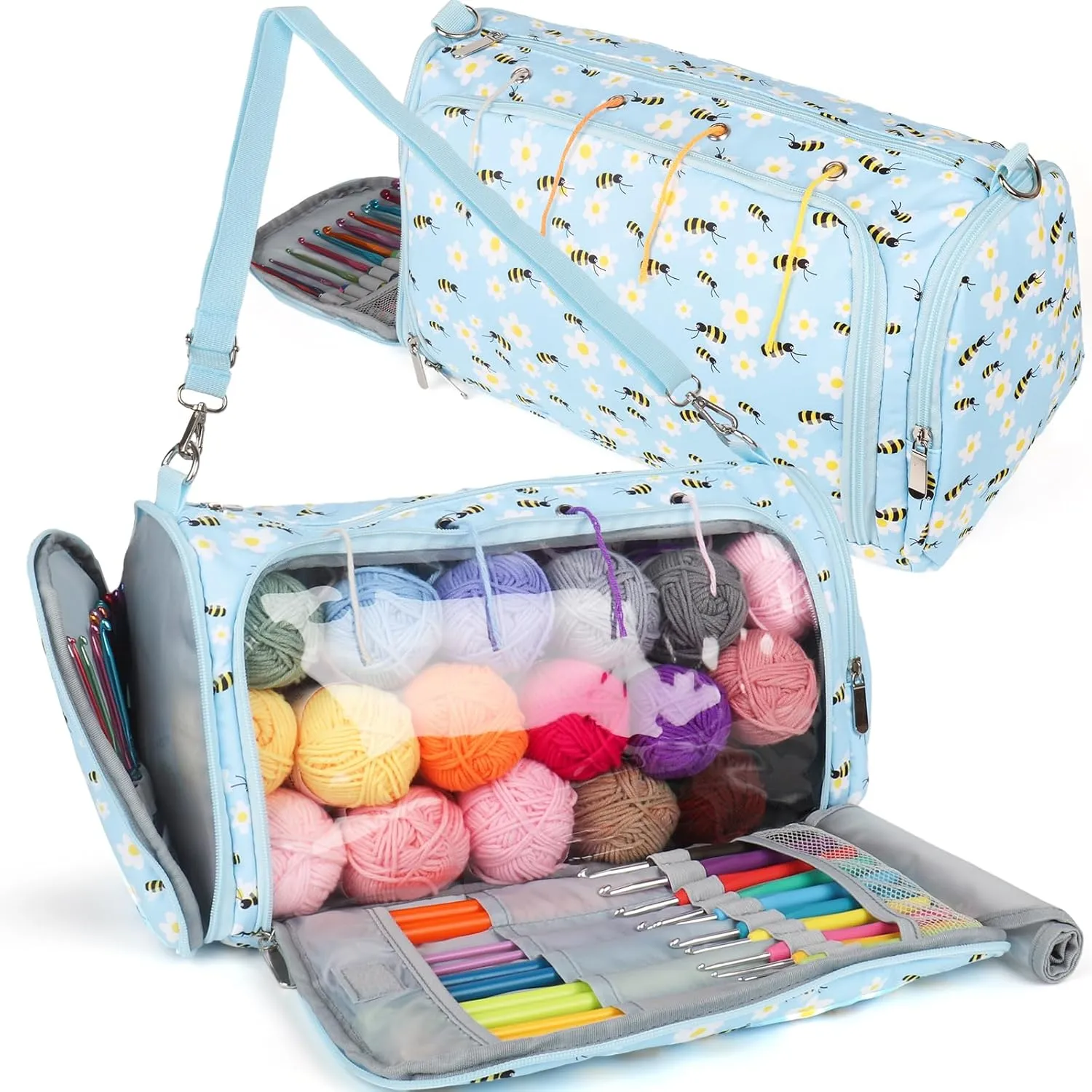 Coopay Knitting Bag Large Yarn Storage Bag, Standing Triangle Design Crochet Bag with Removable Shoulder Strap & Transparent Partition, Yarn Storage Organizer Pack for Crochet Hooks, Knitting Needles