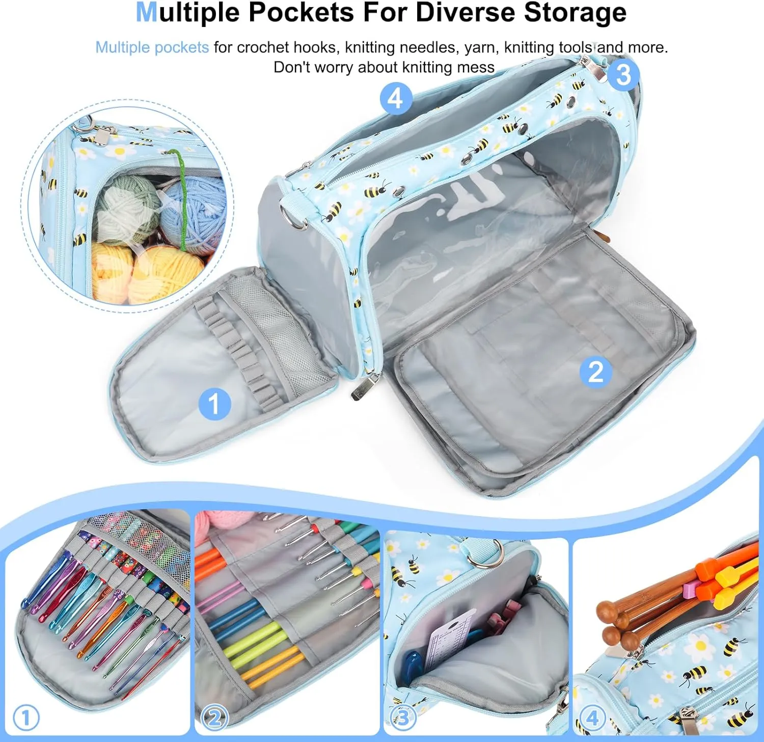 Coopay Knitting Bag Large Yarn Storage Bag, Standing Triangle Design Crochet Bag with Removable Shoulder Strap & Transparent Partition, Yarn Storage Organizer Pack for Crochet Hooks, Knitting Needles