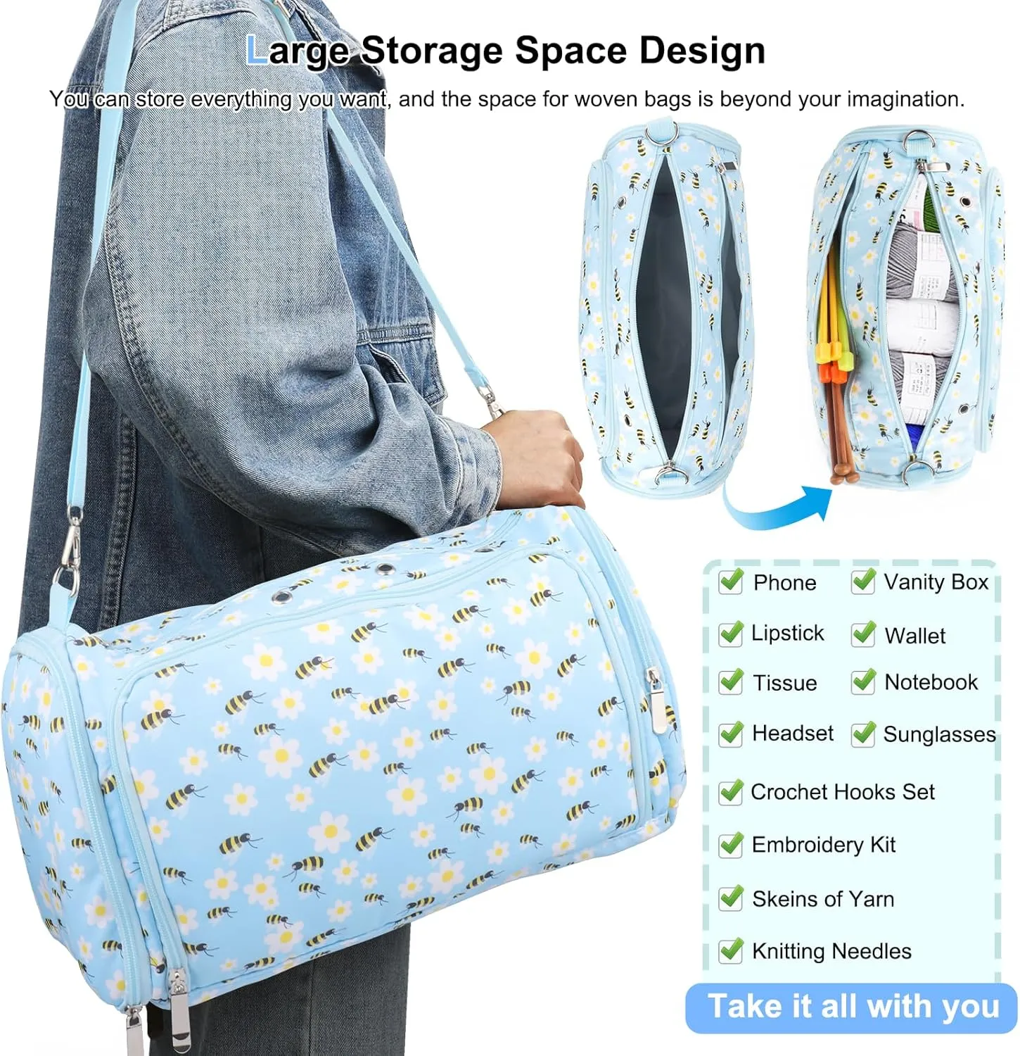 Coopay Knitting Bag Large Yarn Storage Bag, Standing Triangle Design Crochet Bag with Removable Shoulder Strap & Transparent Partition, Yarn Storage Organizer Pack for Crochet Hooks, Knitting Needles