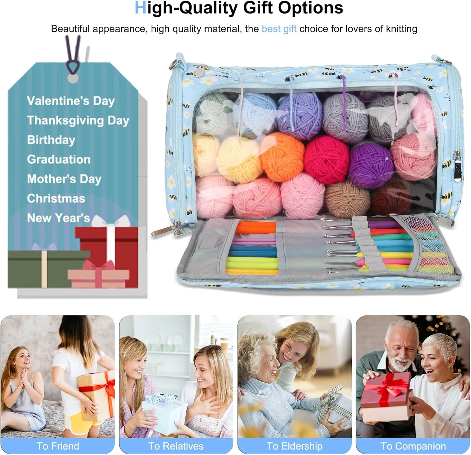 Coopay Knitting Bag Large Yarn Storage Bag, Standing Triangle Design Crochet Bag with Removable Shoulder Strap & Transparent Partition, Yarn Storage Organizer Pack for Crochet Hooks, Knitting Needles