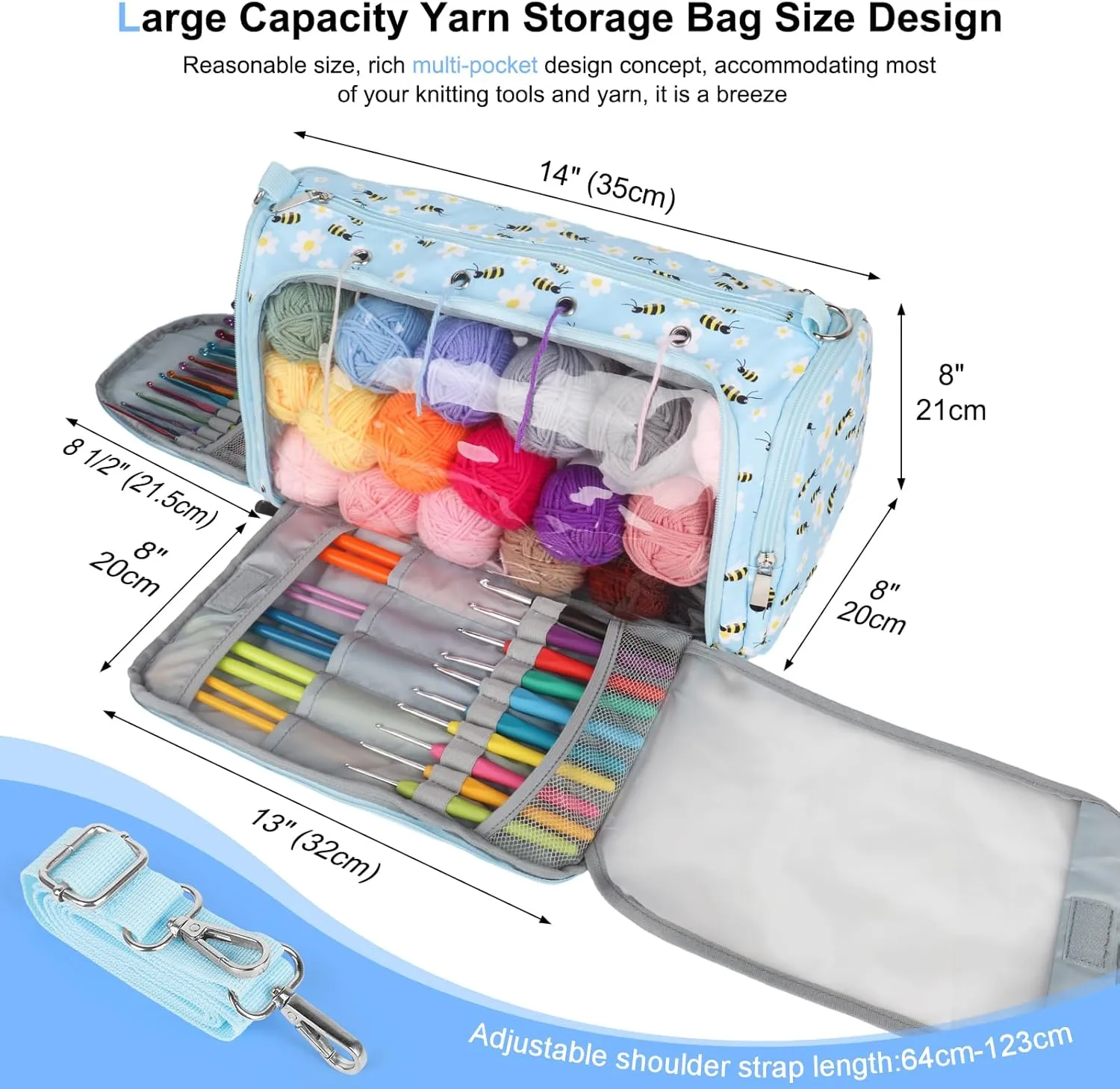 Coopay Knitting Bag Large Yarn Storage Bag, Standing Triangle Design Crochet Bag with Removable Shoulder Strap & Transparent Partition, Yarn Storage Organizer Pack for Crochet Hooks, Knitting Needles