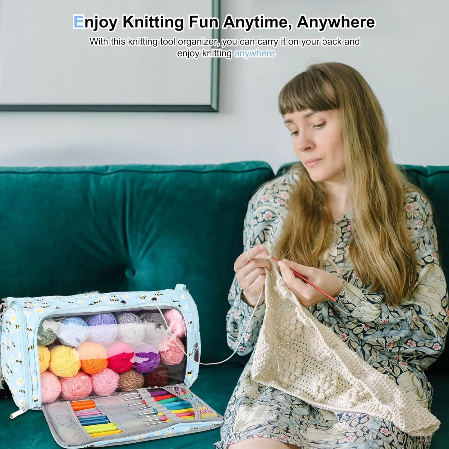 Coopay Knitting Bag Large Yarn Storage Bag, Standing Triangle Design Crochet Bag with Removable Shoulder Strap & Transparent Partition, Yarn Storage Organizer Pack for Crochet Hooks, Knitting Needles