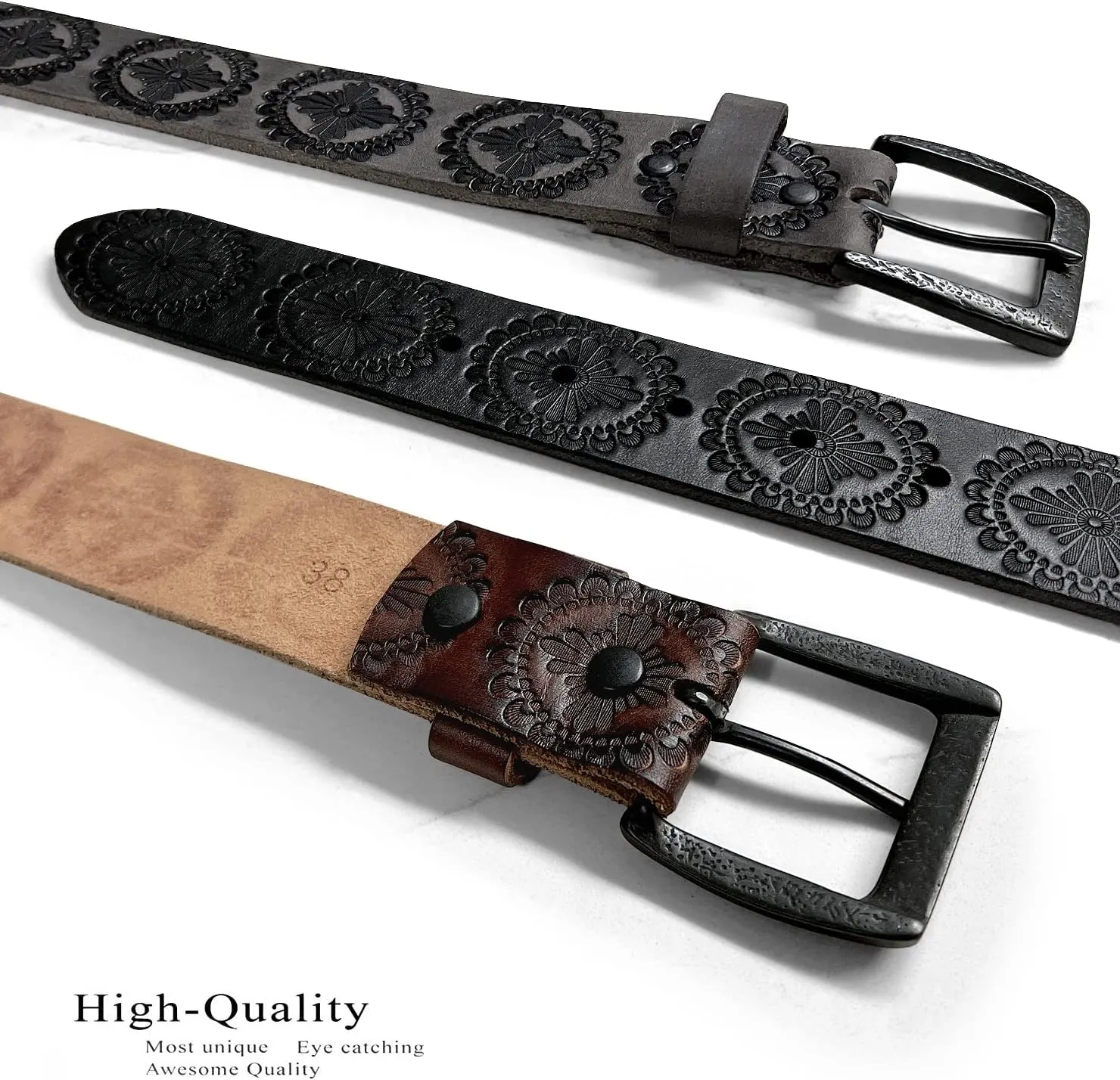 Cowboy Cowgirl Western Tooled Floral Embossed Full Grain Genuine Leather Belt Strap 1-1/2"(38mm) Wide