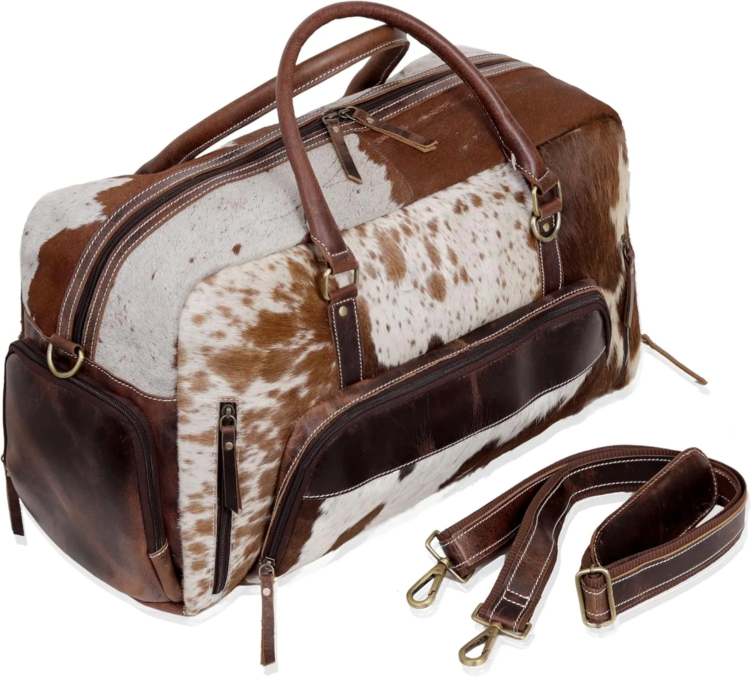 Cowhide Duffel Bag, Large Size, Unisex Travel Bag, Brown Leather, Shoe Duffel for Men's and Women's (Duffel Style 2)