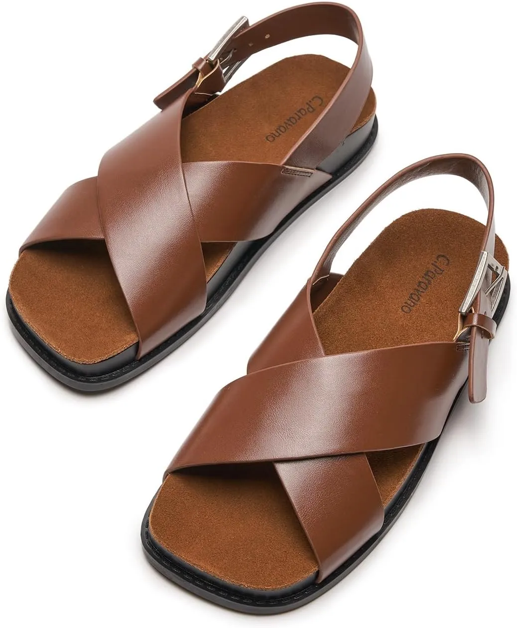 C.Paravano Women Sandals,Comfortable Dressy Flat Slides Summer Sandals with Arch Support for Walking Beach Casual Adjustable Buckle Slip-Ons Fashion Shoes