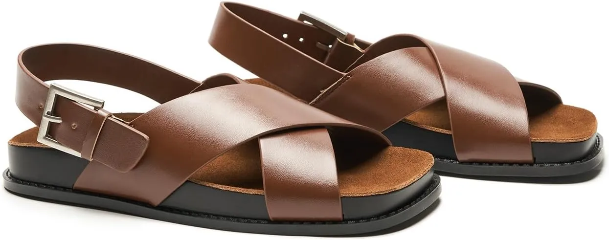 C.Paravano Women Sandals,Comfortable Dressy Flat Slides Summer Sandals with Arch Support for Walking Beach Casual Adjustable Buckle Slip-Ons Fashion Shoes