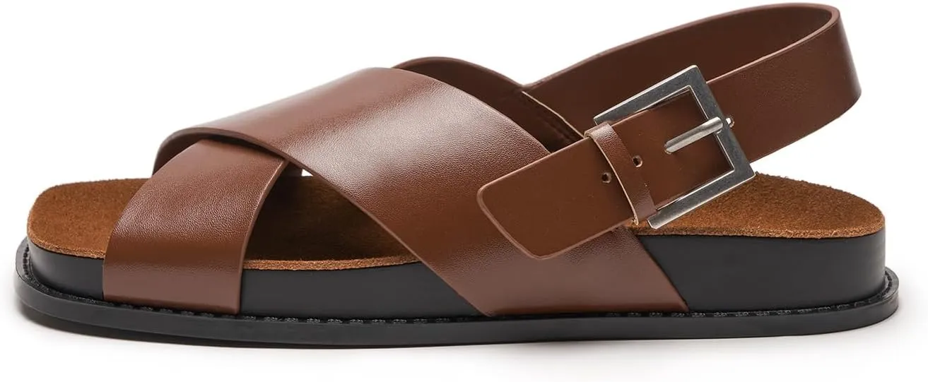 C.Paravano Women Sandals,Comfortable Dressy Flat Slides Summer Sandals with Arch Support for Walking Beach Casual Adjustable Buckle Slip-Ons Fashion Shoes