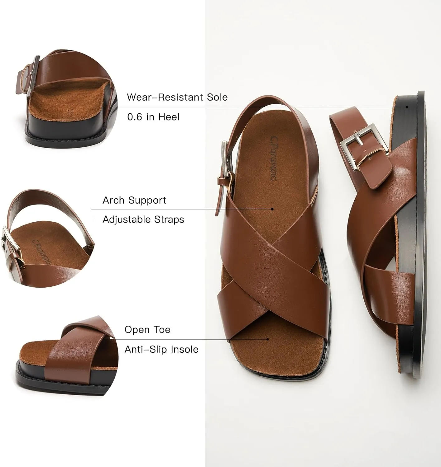 C.Paravano Women Sandals,Comfortable Dressy Flat Slides Summer Sandals with Arch Support for Walking Beach Casual Adjustable Buckle Slip-Ons Fashion Shoes