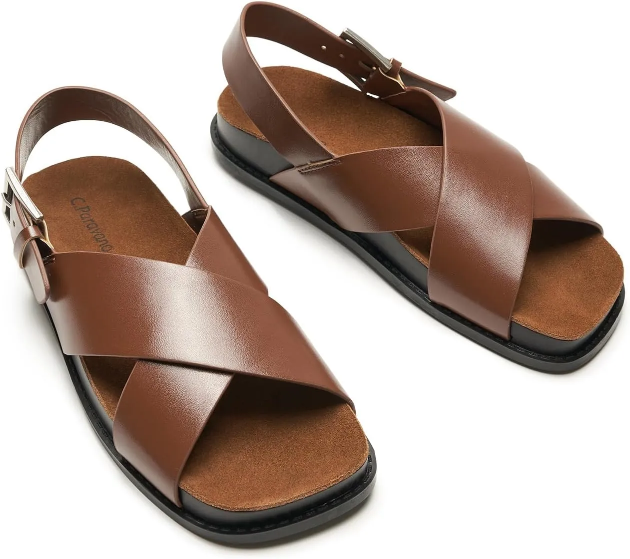C.Paravano Women Sandals,Comfortable Dressy Flat Slides Summer Sandals with Arch Support for Walking Beach Casual Adjustable Buckle Slip-Ons Fashion Shoes