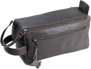 Crazy Horse Leather Dopp Kit Full Grain Cowhide Toiletry Bag with Waterproof Lining Handmade Vintage Travel Shaving Organizer & Gift Idea