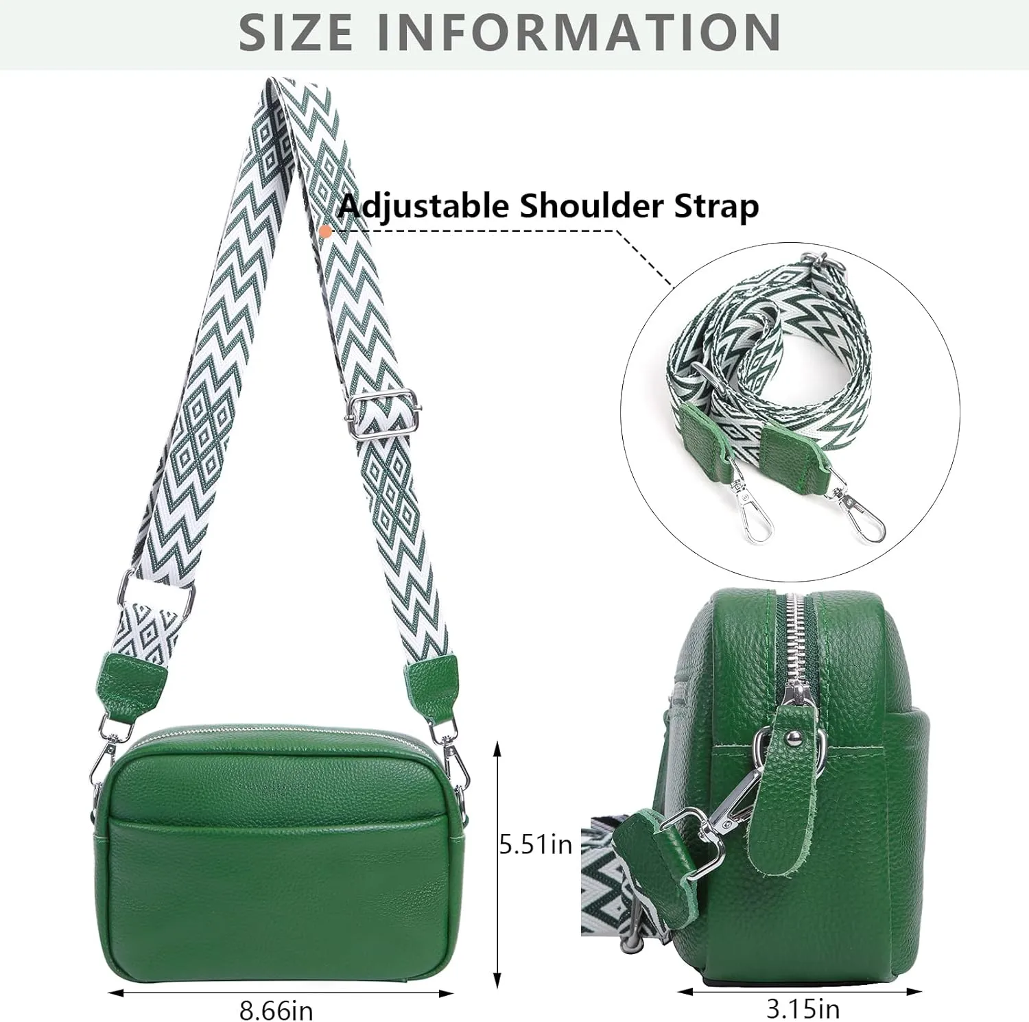 Crossbody Bag for Women Genuine Leather Wide Strap Shoulder Bag Purse Trendy Design Camera Crossbody Purse Top Zip