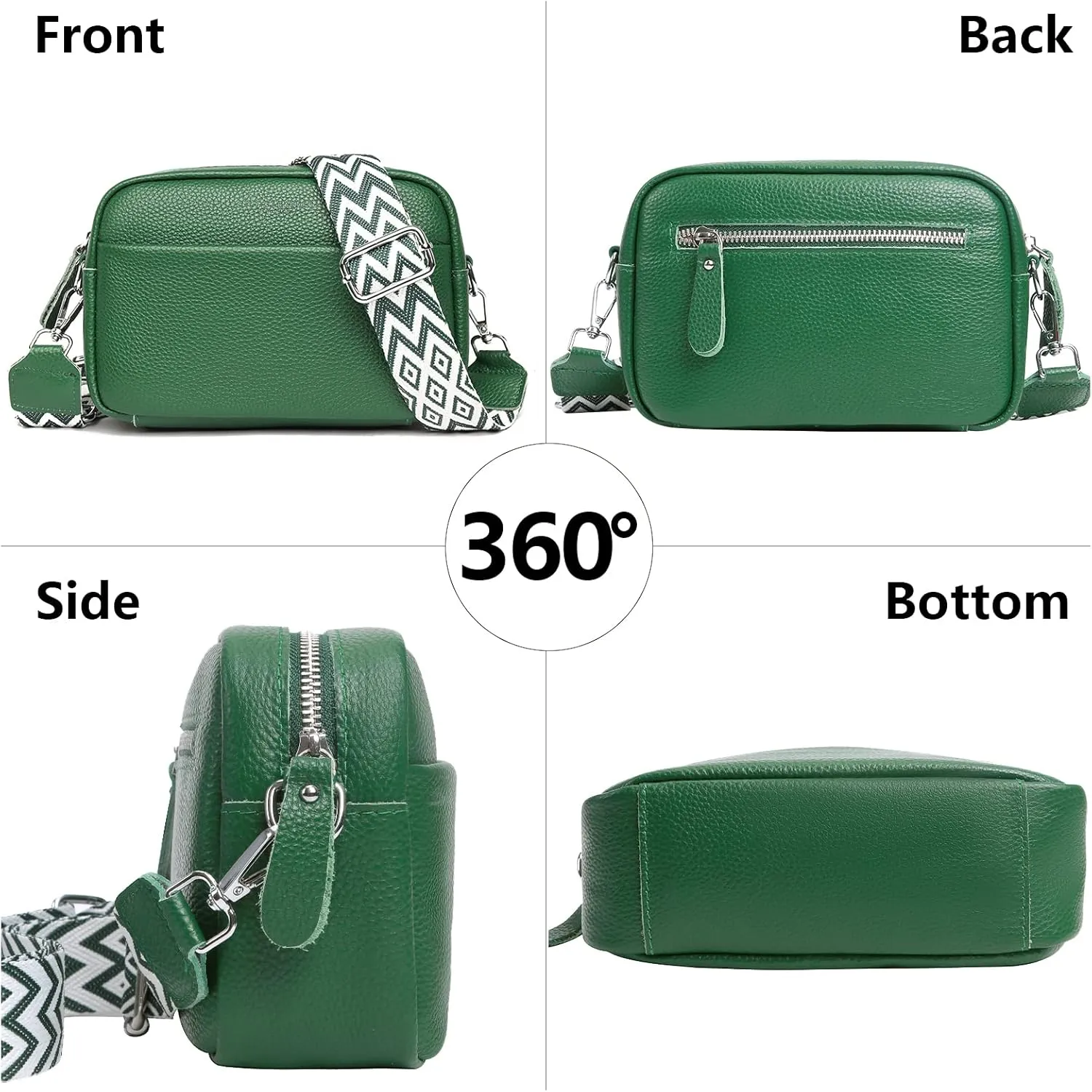 Crossbody Bag for Women Genuine Leather Wide Strap Shoulder Bag Purse Trendy Design Camera Crossbody Purse Top Zip