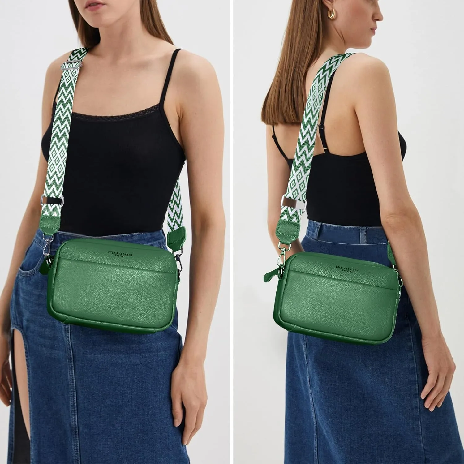 Crossbody Bag for Women Genuine Leather Wide Strap Shoulder Bag Purse Trendy Design Camera Crossbody Purse Top Zip