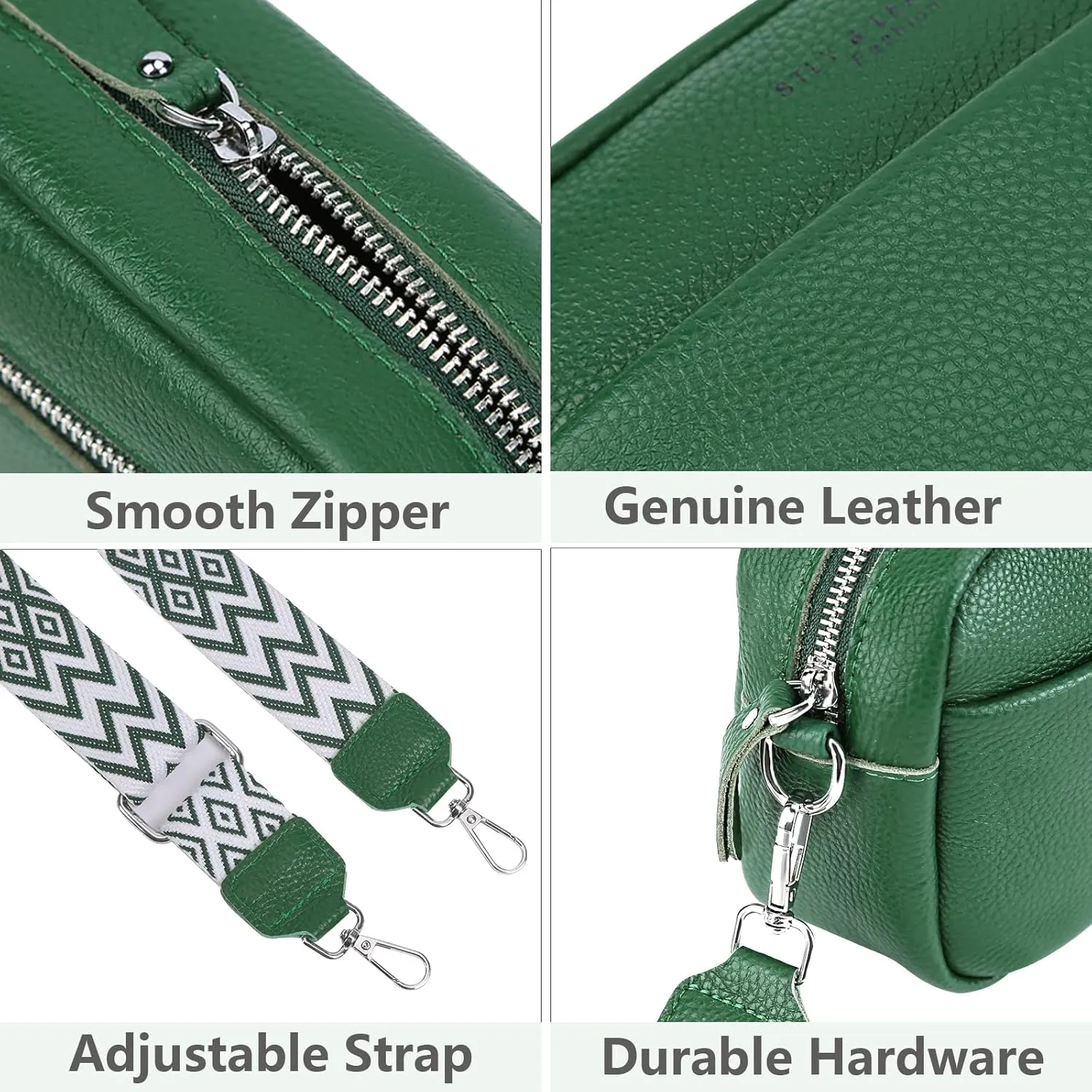 Crossbody Bag for Women Genuine Leather Wide Strap Shoulder Bag Purse Trendy Design Camera Crossbody Purse Top Zip