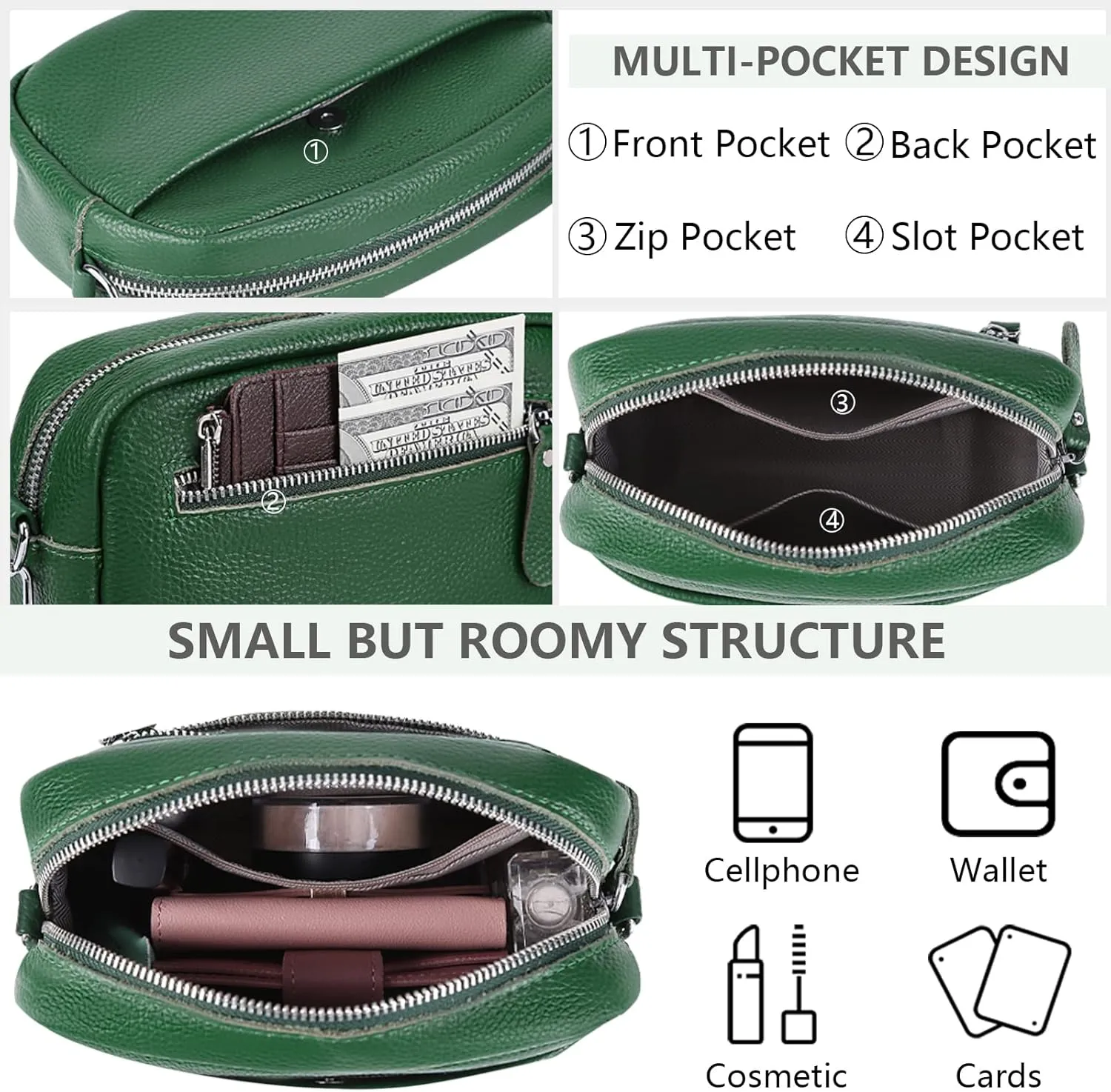 Crossbody Bag for Women Genuine Leather Wide Strap Shoulder Bag Purse Trendy Design Camera Crossbody Purse Top Zip