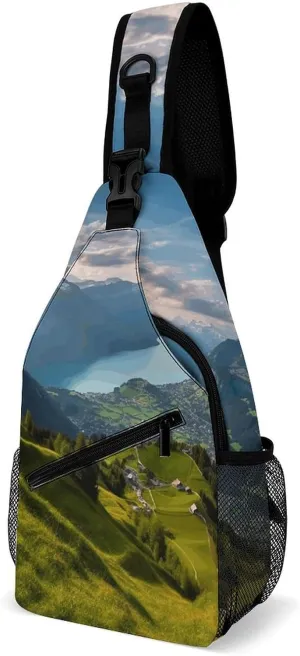 Crossbody Sling Backpack,Switzerland Alps Print Crossbody Chest Bag,Full Printed Travel Small Sling Bag For Travel Hiking Sports
