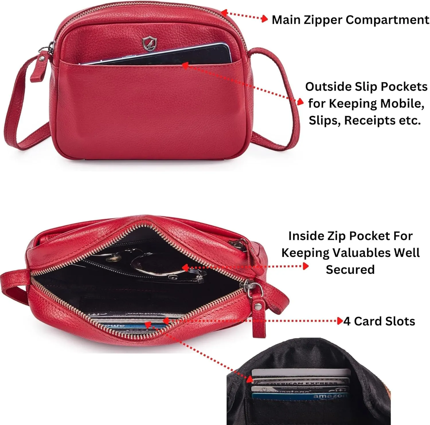 Crossbody Sling Bag for Women Trendy Real Leather Purse Mini Soft Pebbled Crossover with Card Case