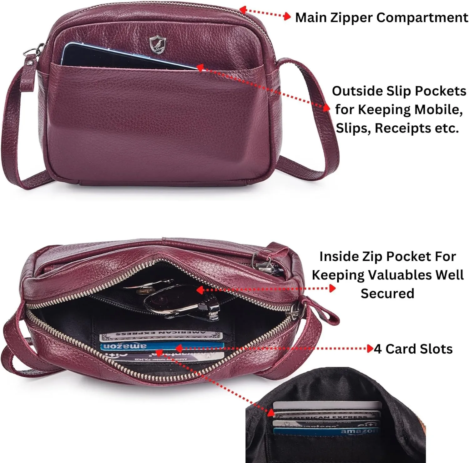 Crossbody Sling Bag for Women Trendy Real Leather Purse Mini Soft Pebbled Crossover with Card Case