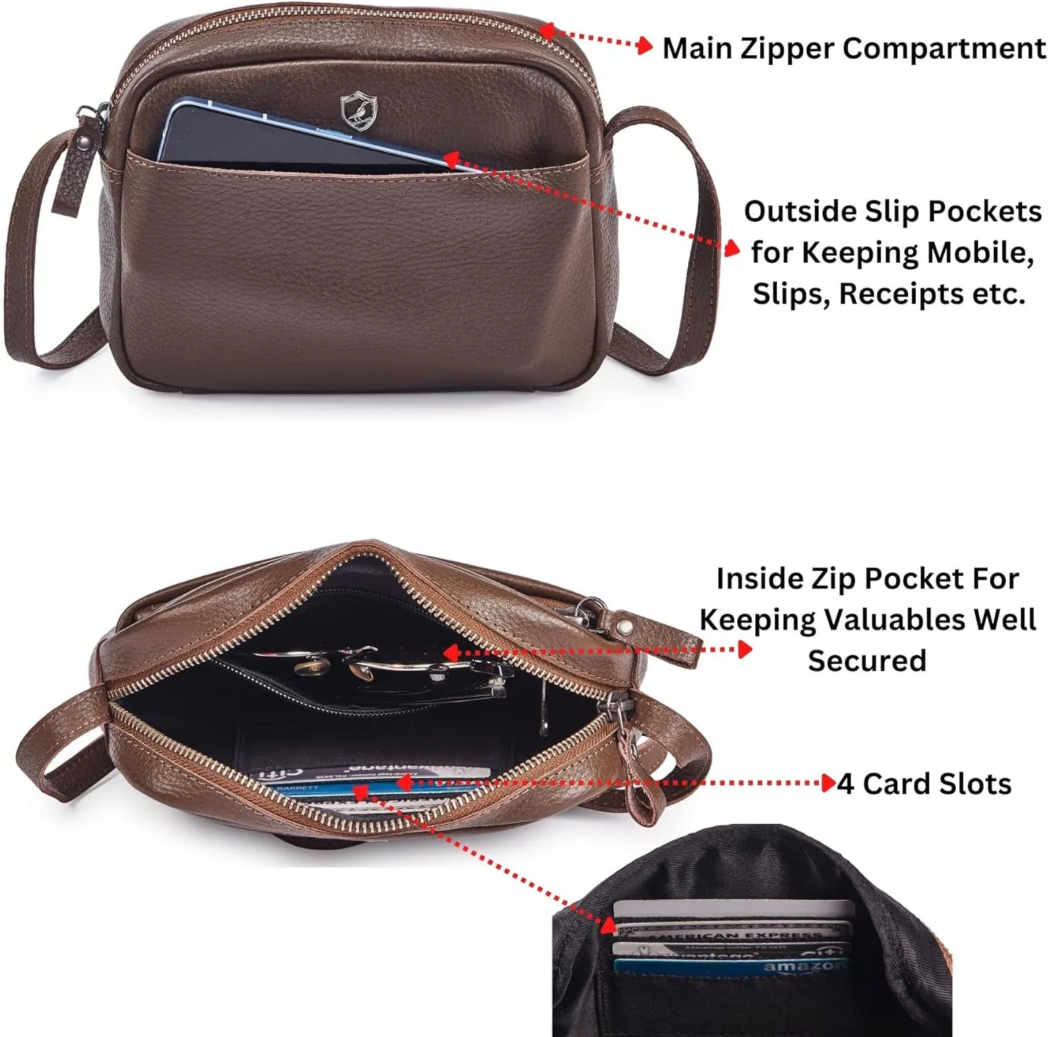 Crossbody Sling Bag for Women Trendy Real Leather Purse Mini Soft Pebbled Crossover with Card Case