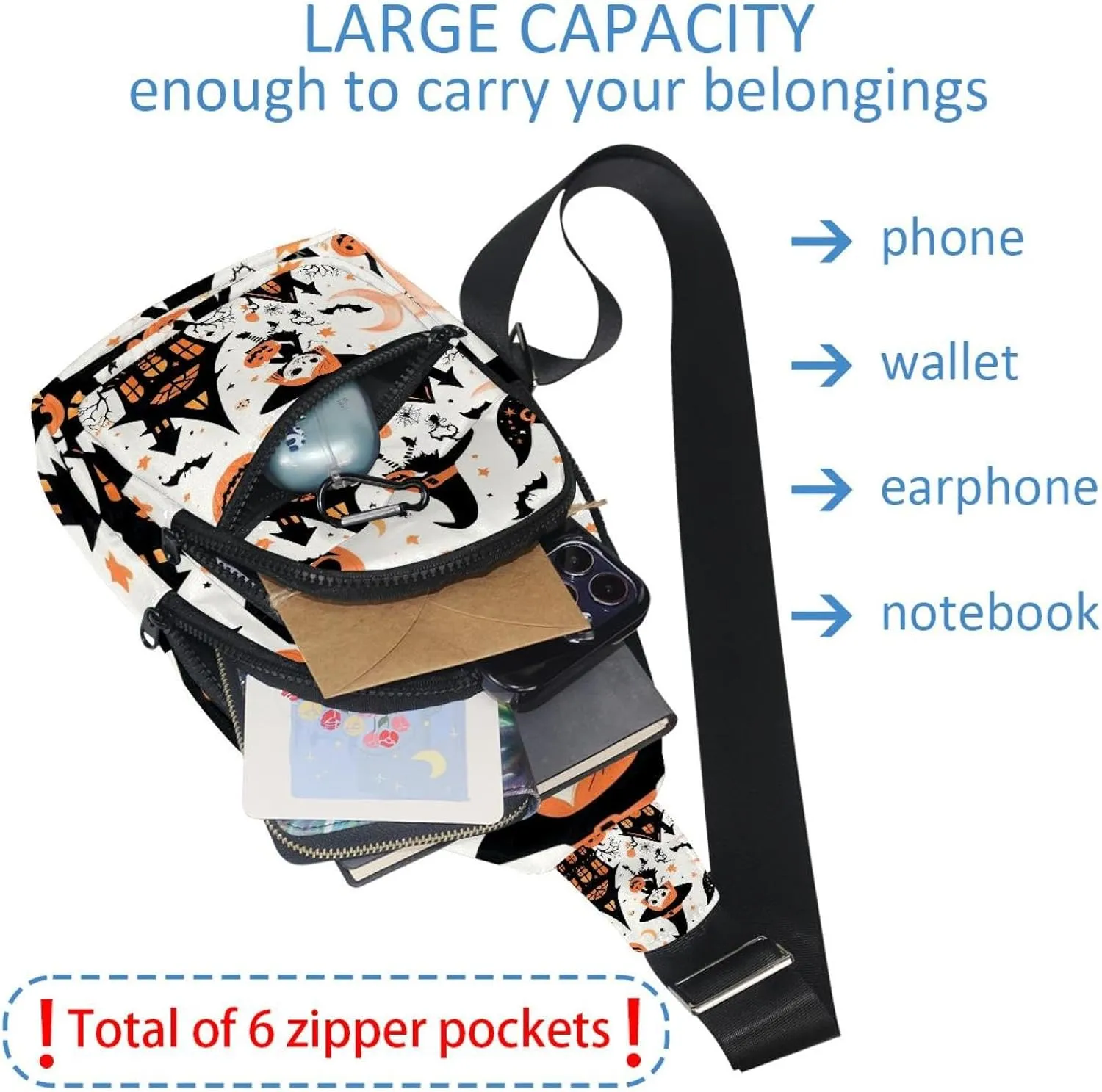 Crossbody Small Sling Bag Backpack for Women Men, Cute vector set with Halloween illustrations 1_5 Chest Daypack Crossbody Travel Sports Hiking