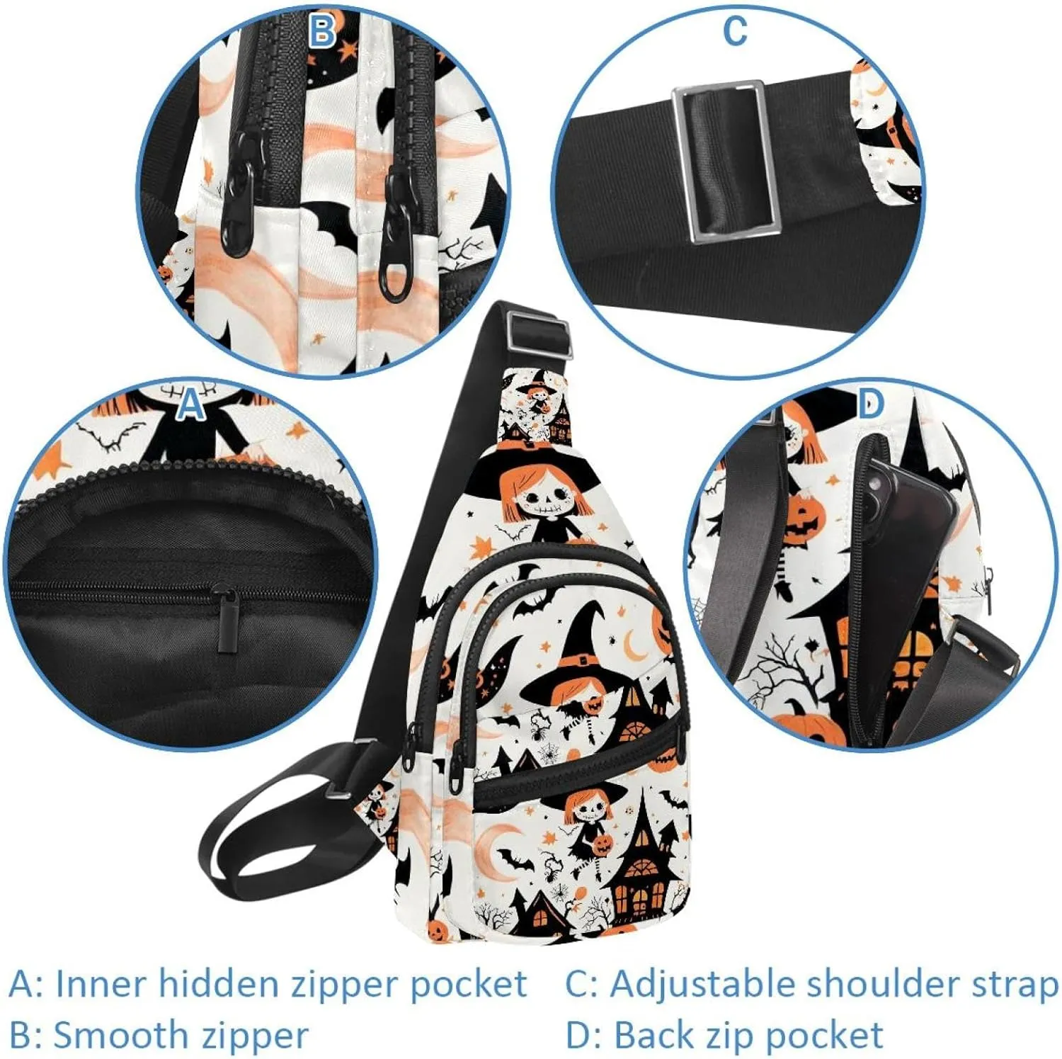 Crossbody Small Sling Bag Backpack for Women Men, Cute vector set with Halloween illustrations 1_5 Chest Daypack Crossbody Travel Sports Hiking